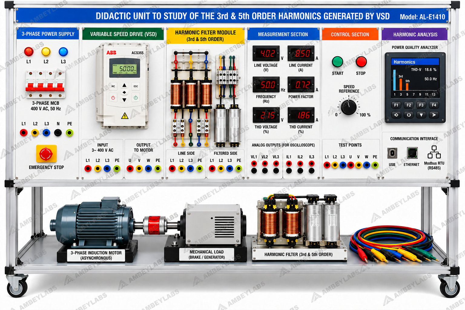 AL-1410  DIDACTIC UNIT TO STUDY OF THE 3RD & 5TH ORDER HARMONICS GENERATED BY VDS